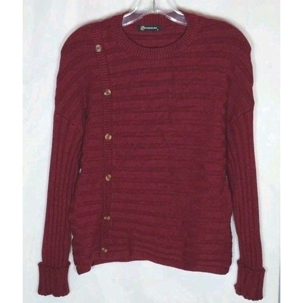 PrettyGarden Womens Small Burgundy Ribbed Knit Sweater Button Detail Crew Neck